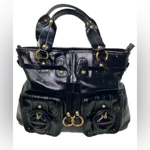 Elliot Lucca Black Leather Bike-Chic Rocker-Chic Handbag Zip Close &Brass Hdware